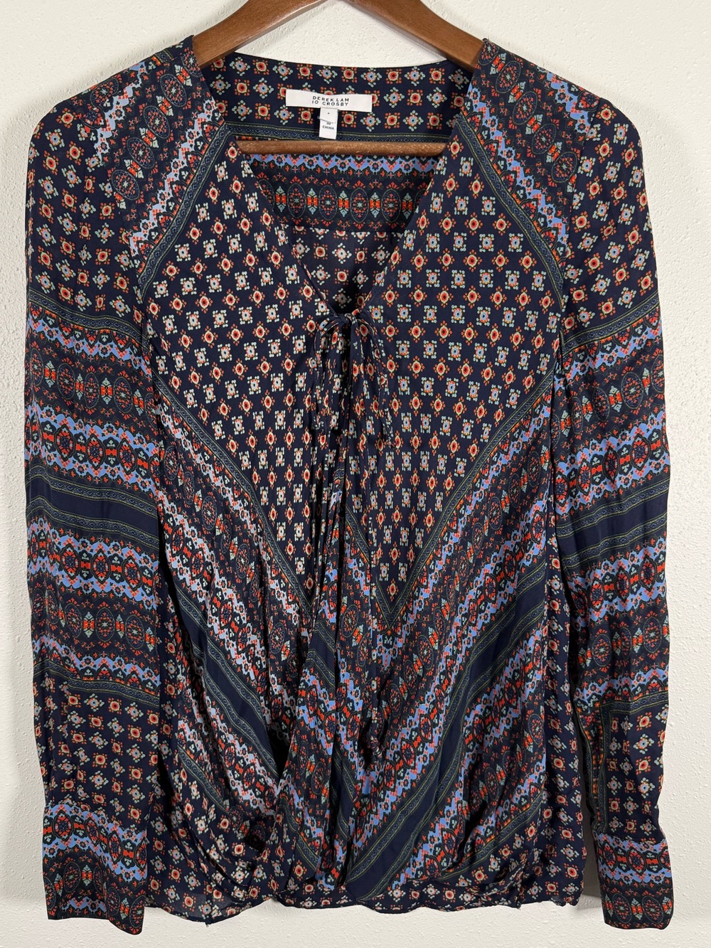 Derek Lam 10 Crosby Silk Scarf Print Tie Blouse Navy Size 4